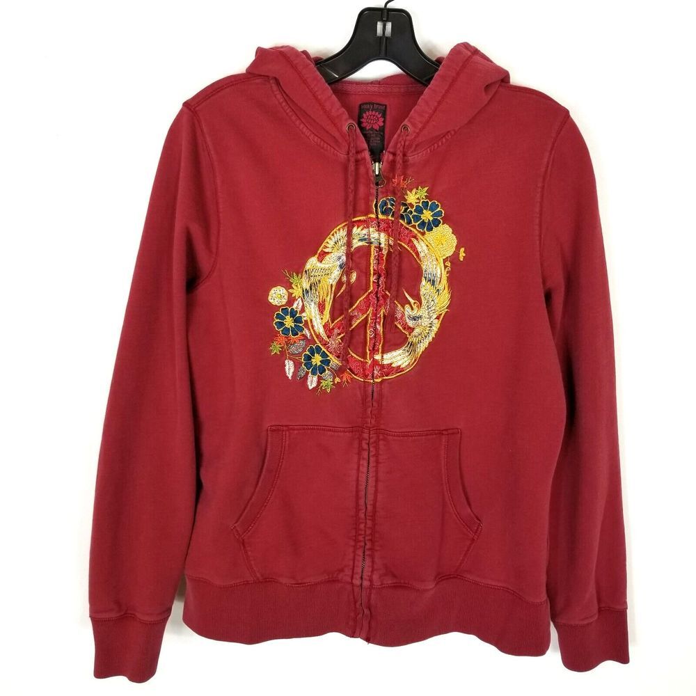 Lucky Brand Red Hoodie with Embroidered Peace Sign